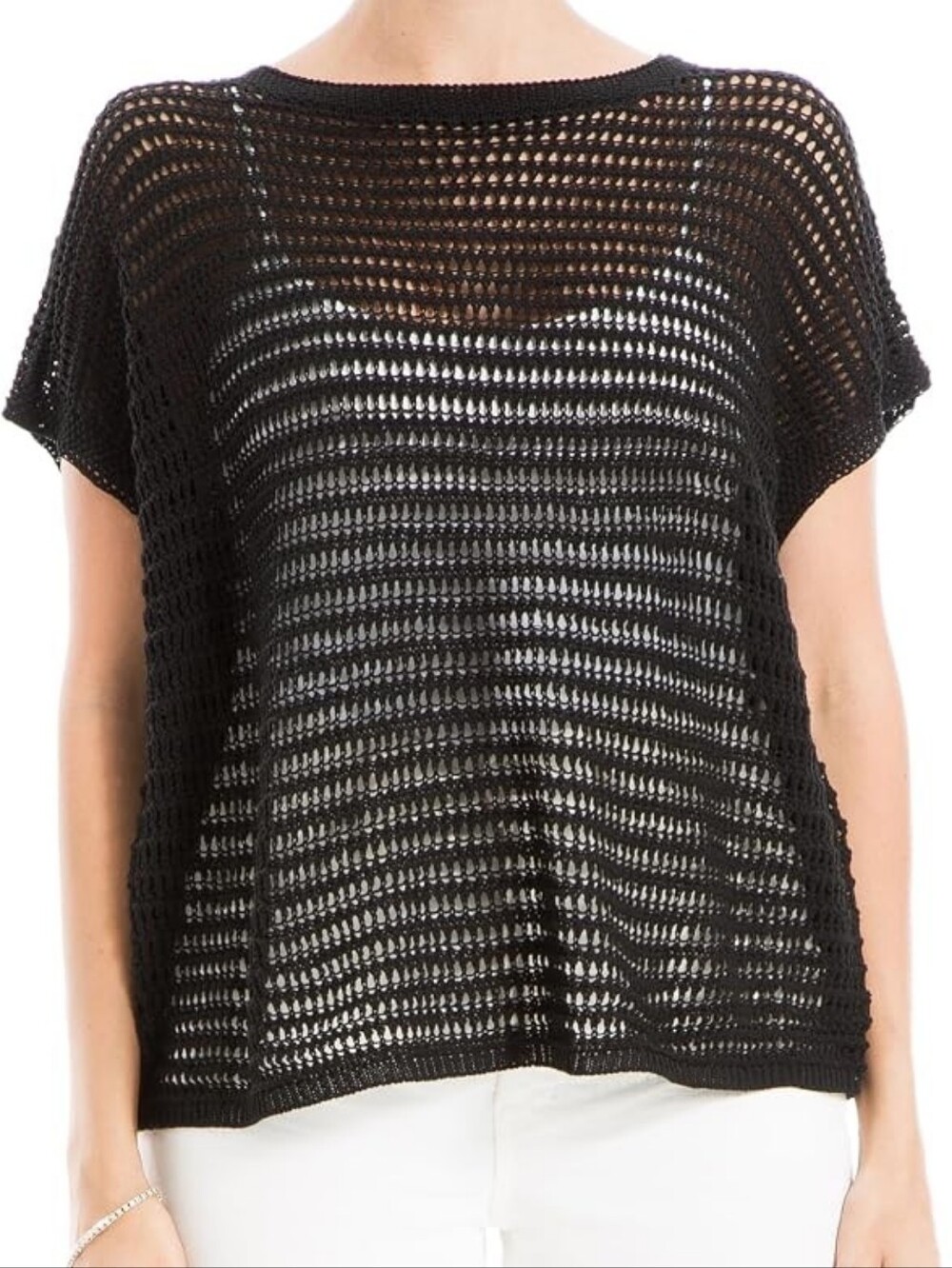 Max Studio Crochet Mesh Everyday Pullover Black Crewneck Swimsuit Cover